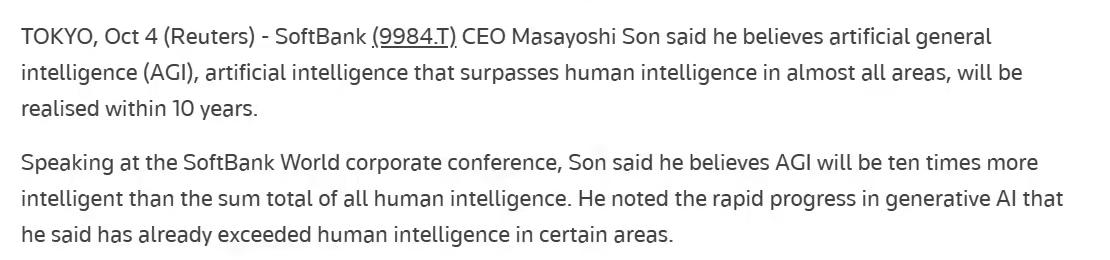 软银 CEO 孙正义：AI 智慧有望在 10 年内超过人类