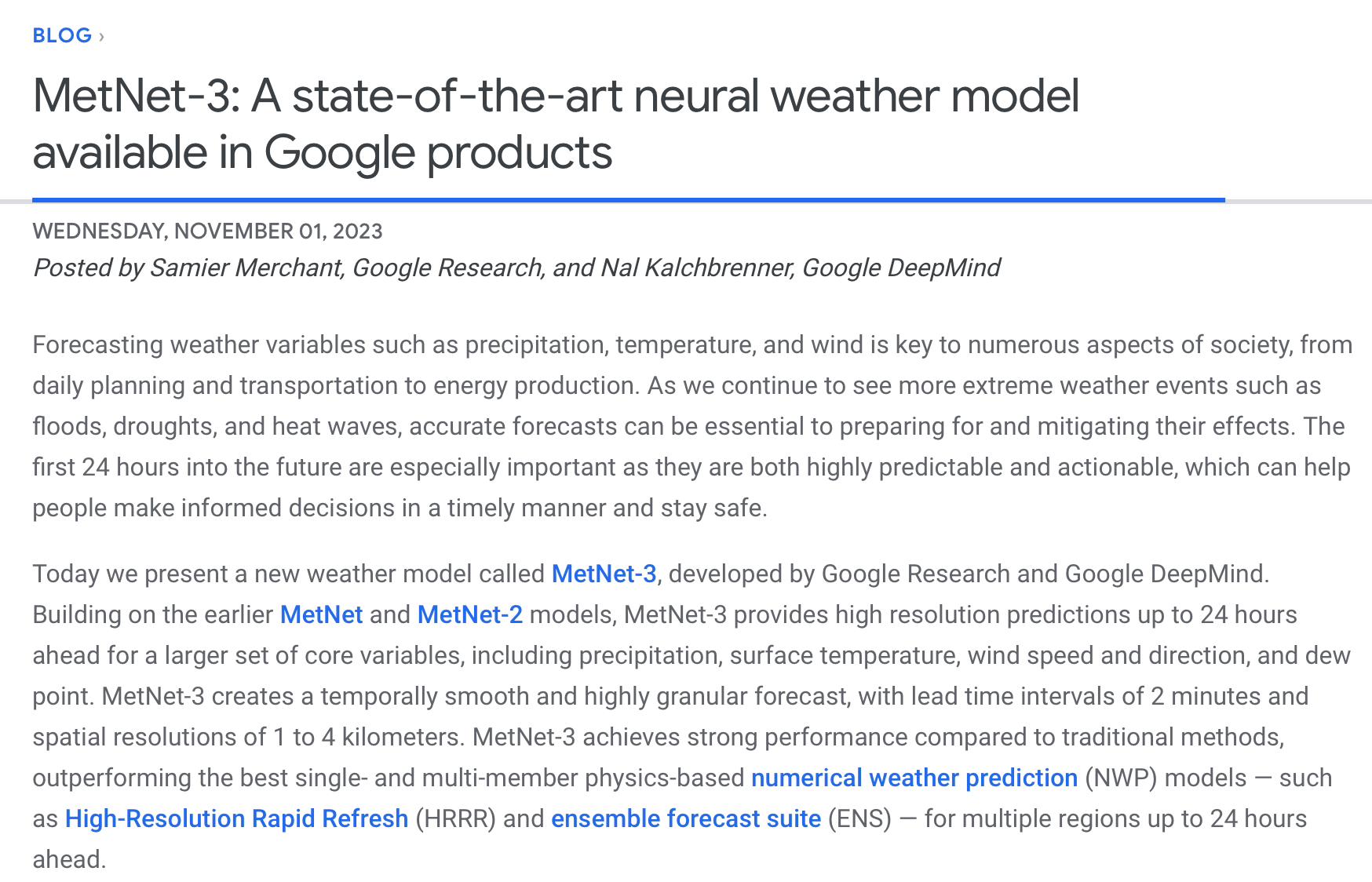 谷歌推出“先进天气预报 AI”MetNet-3，号称预测结果超过传统物理模型