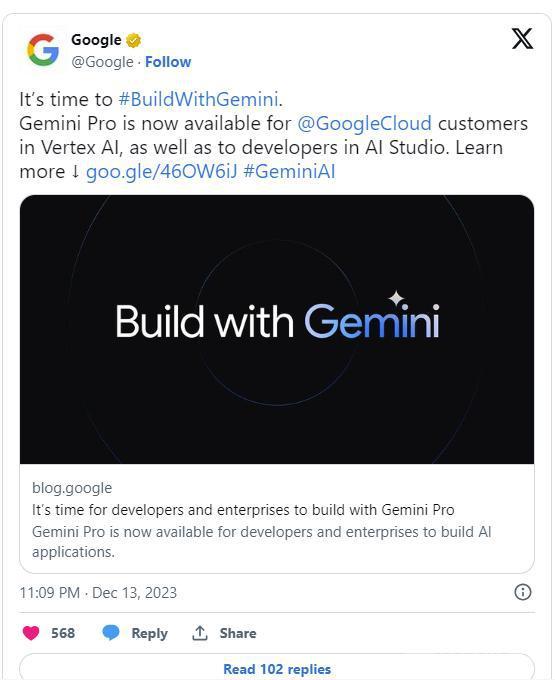 谷歌宣布向云计算客户开放Gemini Pro，开发者可用其构建应用