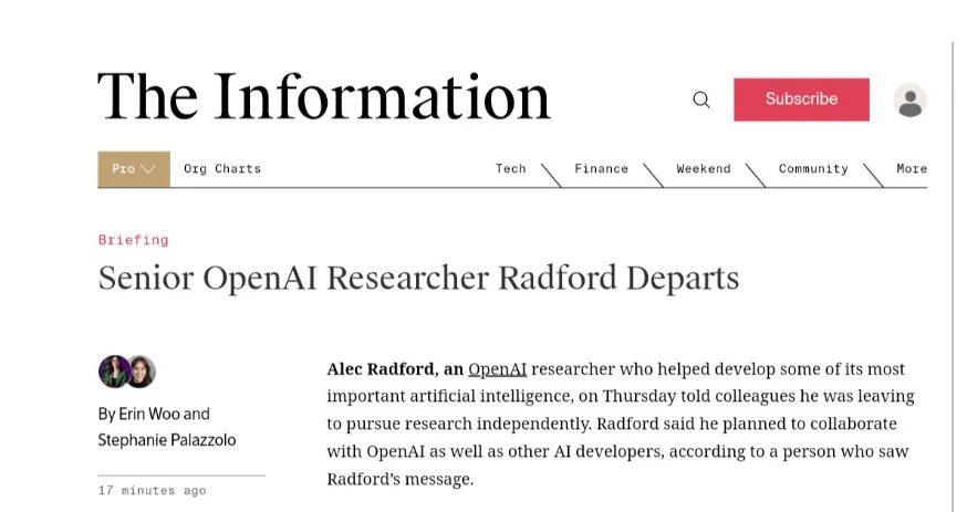 刚刚，OpenAI 元老级研究员 Alec Radford 离职，他主导了 GPT-1、GPT-2 的研发