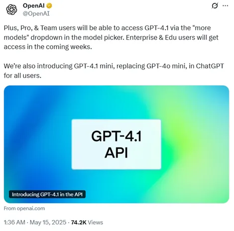 刚刚，OpenAI开放GPT-4.1，100万上下文、代码能力超强